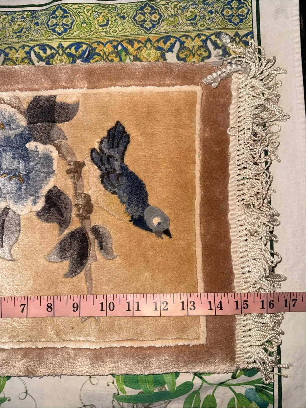 Vtg. Chinese hand-woven silk rug with bird and floral motifs.